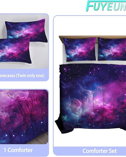 Galaxy Bedding Twin Size Purple Outer Space Comforter Set for Girls Boys Kids Children Bedroom Dorm Quilt 1 Comforter + 1 Pillow Case
