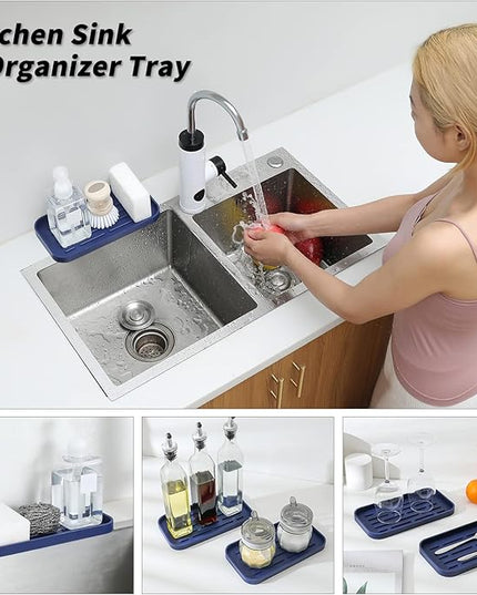 Silicone Kitchen Sink Organizer Tray for Multiple Usage,Eco-Friendly Sponges Holder for Kitchen Bathroom Counter or Sink,Dish Soap Dispenser,Scrubber,Bottle,Cup (Navy Blue, 10"×5.3")