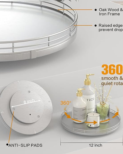 12" Silver Lazy Susan for Table Top, Oak Wood Lazy Susan Turntable Organizer for Dining Coffee Table Centerpiece Bar Decor Kitchen Countertop Bathroom Vanity Decorative Tray for Perfume Jewelry Round