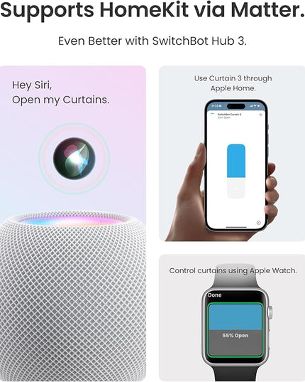 SwitchBot 2025 Automatic Curtain Opener 3 Rod-Bluetooth Remote Control, WiFi&Smartphone Control, Upgraded High-Performance, Add Hub to Work with Alexa, Google Home, HomeKit