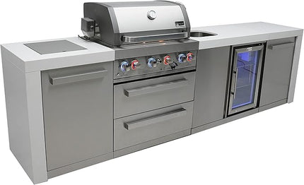 Mont Alpi MAi400-DBEV 32-inch 4 Burner 78000 BTU Deluxe Stainless Steel Modular Outdoor Kitchen Island Barbecue Grill with Beverage Center + Granite Countertops & Sides + Rotisserie and Grill Cover