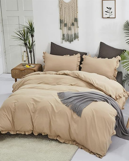 CLOTHKNOW Champagne Ruffles Queen Comforter Set 3Pcs Farmhouse Bedding Comforter Sets Soft Tan Comforter Khaki Comforter with 2 x Pillow Cases