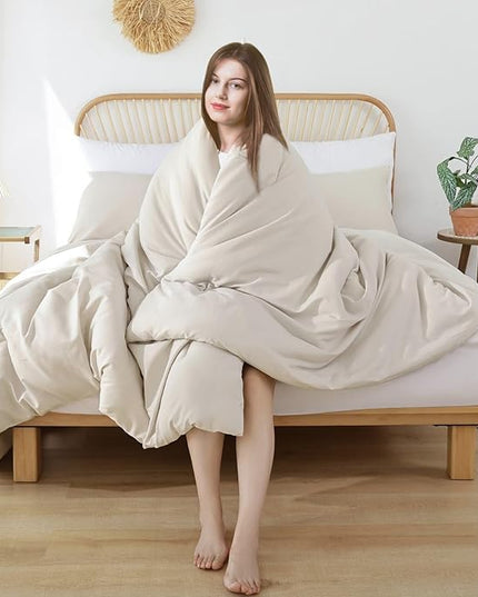 ROSGONIA Oversized King Comforter 128x120, 3pcs Super King Plus (1 Beige Comforter & 2 Pillowcases) Lightweight Oversized Bedding Set Blanket