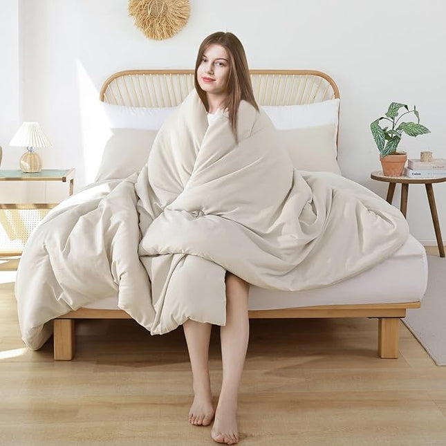 ROSGONIA Oversized Queen Comforter Beige, 3pcs (1 Comforter & 2 Pillowcases) Lightweight Oversized Queen Comforter Sets Bedding Blanket Quilts
