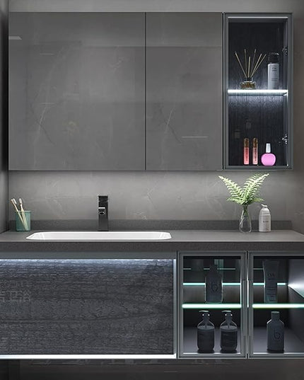 44IN Bathroom Vanity - Bathroom Vanity with Sink Combo, Motion Sensor Light Indoor & Transparent Glass Cabinet Doors | Floating Vanity with Grey Storage Cabinet