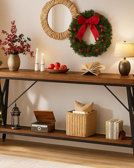 Homieasy 70.9 Inch Extra Long Console Table, Industrial Sofa Table Behind Couch with Charging Station & Storage Shelf, Entryway Table for Living Room & Entryway, Rustic Brown