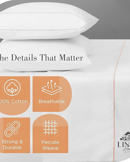 Linen Home 100% Cotton Percale Pearl Stitch Pillowcases Queen/Standard Size, Peach, 2 Pieces of Pillow Case, Crisp and Cool Strong Bed Linen, 20 inches X 30 inches