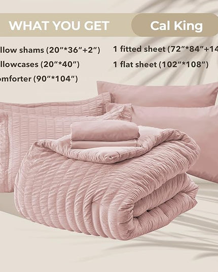 HYMOKEGE Rose Gold California King Comforter Set Seersucker 7 Pieces, All Season Luxury Bed in a Bag Queen for Bedroom, Bedding Set with Comforter, Sheets, Pillowcases & Shams