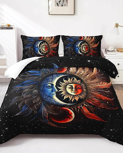 AILONEN Sun and Moon Comforter Set Queen Size, Blue and Red Feather Sun and Moon Bedding Set for Room Decor,Black Sky Starry Print Comforter with 2 Pillowcases,3 Pieces