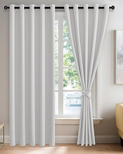 JIUZHEN Greyish White Blackout Curtains with Tiebacks Thermal Insulated, Light Blocking and Noise Reducing Grommet Curtains for and Living Room, Set of 2 Window Curtain Panels, 60 x 84 Inch Length