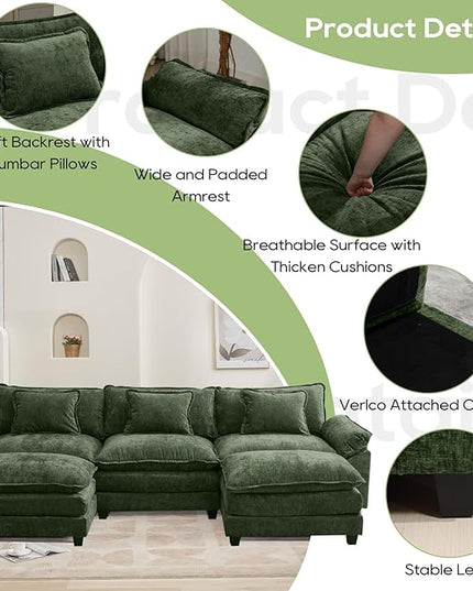 120" Modular Sectional Sofa, Comfy Cloud Couch Sectional Sofa with Ottoman, Chenille Sofa Sleeper Deep Seat Sofa with Throw Pillows for Living Room (Green, 120"- U Shape)