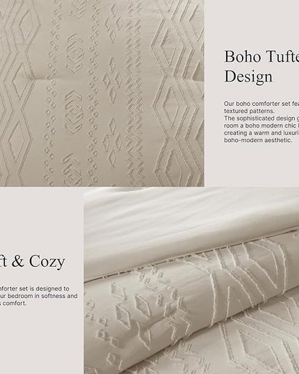 King Size Comforter Set Beige, Tufted Boho Bedding Farmhouse Bed Set, All Season 7 Pieces Bed in a Bag with Sheets, Pillowcases & Shams