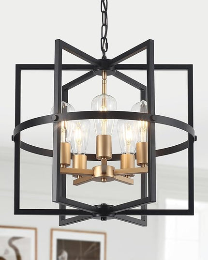 19'' Black and Gold Chandeliers for Dining Room, 5-Light Modern Farmhouse Industrical Pendant Light Fixture Rustic Geometric Hanging Chandelier for Kitchen Island Entryway Hallway Foyer