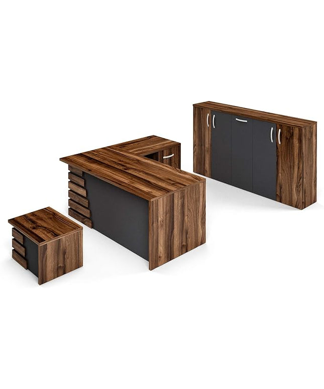 71" Wood Office Furniture Set of 3pcs | Executive Right Side L Shaped Corner Desk & File Drawers w/Telescopic Rail | Coffee Table | Storage Cabinet w/Chrome Handles | Modern Home Workstation