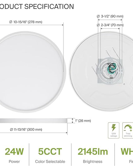 ASD LED 12" Round Flush Mount Ceiling Light Fixture, Low Profile Surface Lighting | 5CCT, Dimmable, Ultra-Thin, ETL Listed | 24W 1900LM 2700-6000K 120V | Kitchen, Bedroom, Hallway Lamp | White