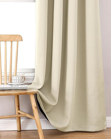 ChrisDowa 100% Blackout Curtains 63 inch Long for Bedroom with Black Liner, 2 Thick Layers Total Blackout Thermal Insulated Grommet Window Curtains 2 Panels Set (Light Beige, 38 x 63 Inch)