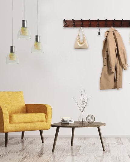38.6'' Large Coat Rack Wall Mount Coat Hooks Coat Hanger with 10 Metal Black Triple- Hooks Brown Pine Real Wood Plank Hat Rack for Wall Hooks for Hanging Coat Hat Jacket