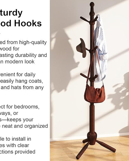 Solid Coat Rack Stand, Coat Rack Freestanding with 9 Hooks and Adjustable 3 Heights, Tree Coat Stand with Triangle Base for Entryway, Bedroom, Hallway, Wood Grain
