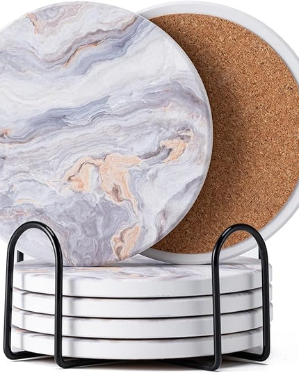 Hoewina 6Pcs Drink Coasters with Holder, Marble Style Ceramic Drink Coaster, Absorbent Coasters Set Suitable for Kinds of Cups, Modern Style Coasters for Coffee Table, 4 Inches（Style 8）
