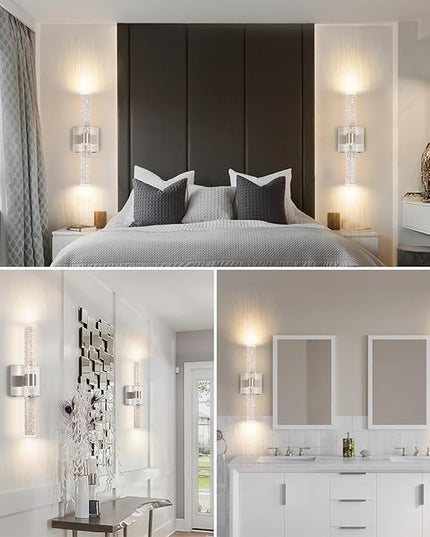 Battery Operated Crystal Wall Sconce 2-Pack Rechargeable Modern Vanity LED Light Fixtures, 3000K-6000K Dimmable Wireless Wall Lights for Bathroom Bedroom Living Room Hallway