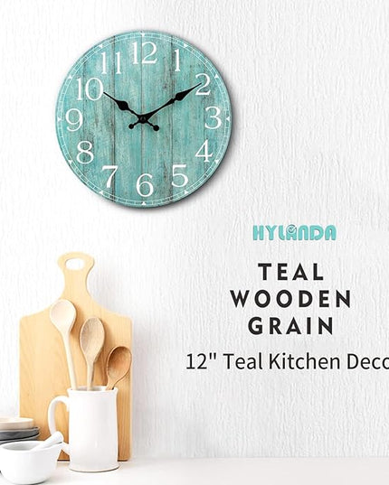 HYLANDA 12 Inch Teal Wall Clock - Silent, Non-Ticking, Battery Operated, Turquoise, Decorative, Unisex