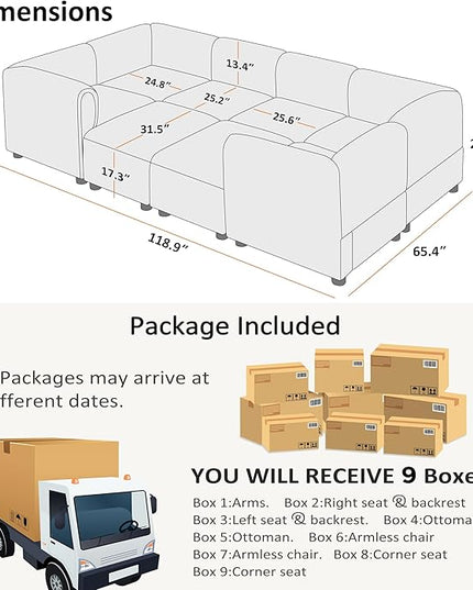 VANOMi Oversized Modular Sectional Sofa, Sleeper Sectional Couches for Living Room, 8 Seats Modular Sofa with Reversible Chaises, Cream White