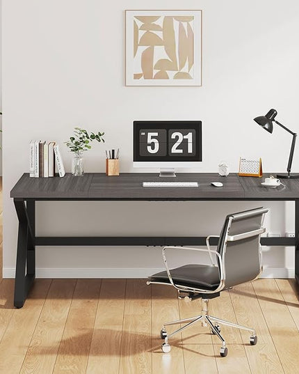 IBF Long Desks for Home Office, Large Metal Wooden Computer Desk for 2 Monitors, 70 Inch Two Person Desk for Executive Work Writing Study Gaming, Industrial Modern Big Double Desk, Dark Gray Oak