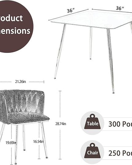 Silver Glass Dining Room Table Set for 2, 36'' Modern Luxury Square Dinner Table Set, 3 Piece Clear Glass Top Minimalist Kitchen Table Set, Ivory Woven Dining Chair for Small Apartment