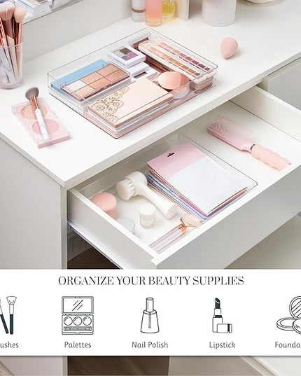 STORi SimpleSort 2-Piece Stackable Clear Drawer Organizer Set | 15" x 6" x 2" Rectangle Trays | Wide Makeup Vanity Storage Bins and Office Desk Drawer Dividers | Made in USA