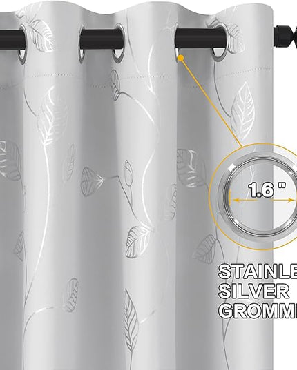 BUHUA White Blackout Curtains 84 Inches Long, Darkening Curtains for Bedroom Window Curtain Panels with Leaf Pattern (52 x 84 Inch,Greyish White,2 Panels)
