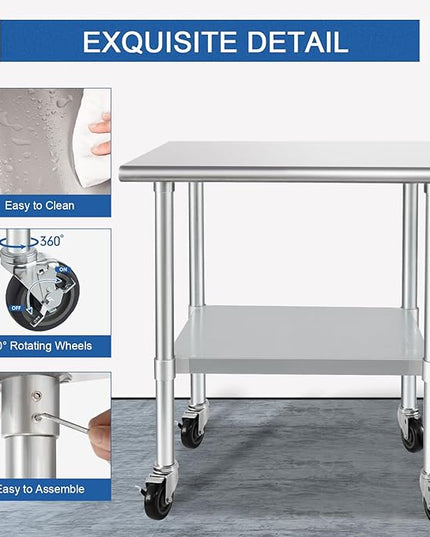 HARDURA Stainless Steel Table with Wheels 24 x 36 Inches Casters NSF Heavy Duty Commercial Work & Prep Table with Undershelf and Galvanized Legs for Restaurant Kitchen Bar and Hotel Garage