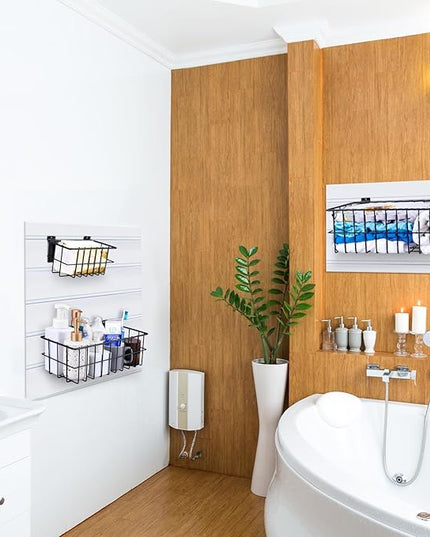 4Pcs Slatwall Basket Set Ventilated Metal Slatwall Baskets Hanging Storage Baskets for PVC Slatwall, Mounted Slatwall Accessories Storage Display on Garage Slatwall Panels