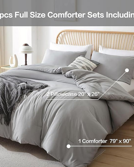 ROSGONIA Full Size Comforter Sets for Girls Boys Kids Grey, 3pcs Comforter Full Size (1 Gray Comforter & 2 Pillowcases) Lightweight Dorm Bedding Sets