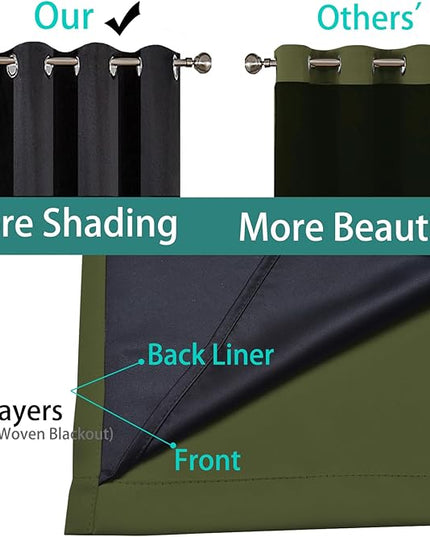 Yakamok Green 100% Blackout Curtains, Total Blackout Lined Curtain Panels for Bedroom, 2 Thick Layers Grommet Top Thermal Insulated Blackout Drapes for Living Room(52Wx63L, Olive Green, 2 Panels)