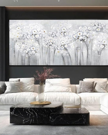 Flower Wood Wall Decor White Wall Art Textured Canvas Painting 32"x70" Decorative Pictures for Bedroom Kitchen Large Artwork