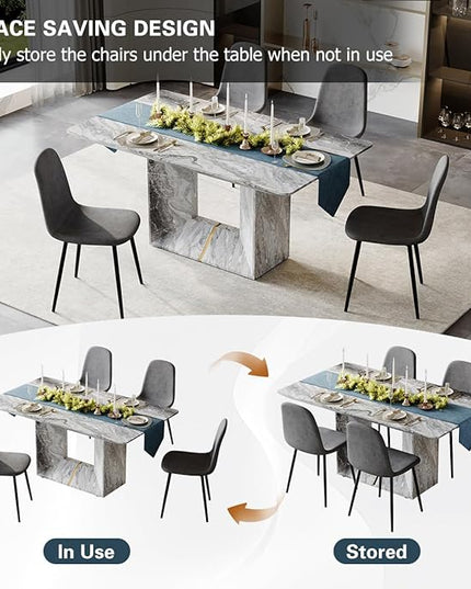 Dinner Table Set for 4, 5 Piece Dining Table Set with Chairs, 63" Faux Marble Modern Table with 4 Linen Fabric Chairs, for Kitchen & Dining Room