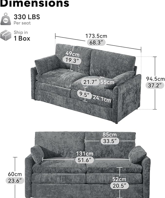 Tbfit Modern Loveseat Couch, 68" Cloud Sofa Spring Seat Cushion, Comfy 2-Seater Love Seat with Pillows, Chenille Removable Cover, Soft Upholstered Living Room Furniture Home Apartment, Gray