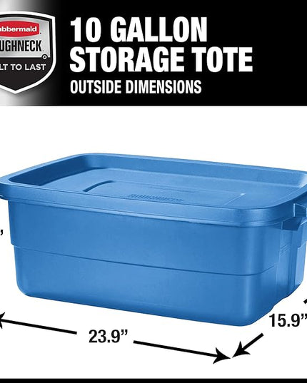 Rubbermaid Roughneck Tote 10 Gal, 6 Pack, Made in USA, Heritage Blue, Rugged Plastic Stackable Storage Bins with Lids and Handles