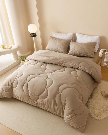Luxlovery Khaki Comforter Set King Cream Coffee Sunflower Bedding Comforter Dark Champagne Bedding Comforter Set Boho Farmhouse Mocha Quilted Soft Breathable Bedding Set King Size