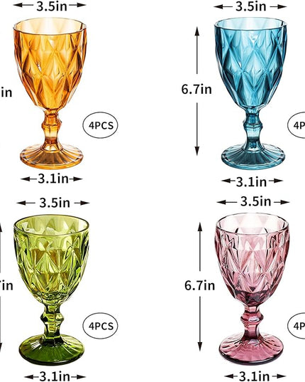 16 Pack Vintage Wine Glasses, Plastic Reusable 12 Ounce Colored Water Goblets, Unique Embossed Pattern Unbreakable Stemmed Wine Glasses, High Clear Wedding Party Bar Drinking Cups Multicolor