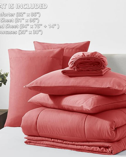 CozyLux Full Size Comforter Sets Coral, 7 Pieces Bed in a Bag, Coral Comforter Full Size, All Season Bedding Sets with Stitch Quilted Comforter, Flat Sheet, Fitted Sheet, Pillowcases