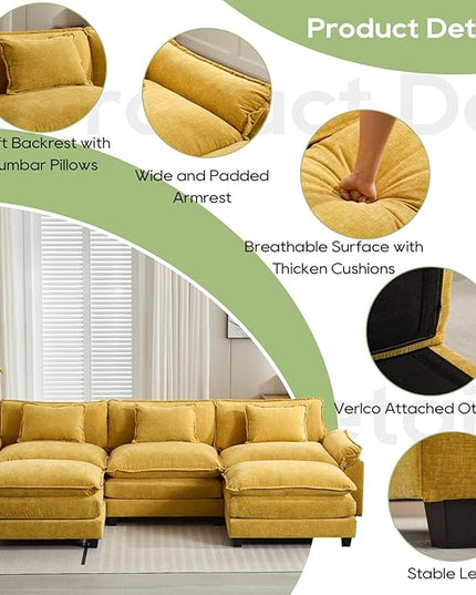 120" Modular Sectional Sofa, Comfy Cloud Couch Sectional Sofa with Ottoman, Chenille Sofa Sleeper Deep Seat Sofa with Throw Pillows for Living Room (Yellow, 120"- U Shape)