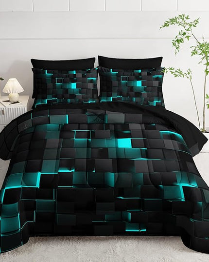 Geometric Turquoise Black King Comforter Set,Light Honeycomb Bedding Set 7 Piece in A Bag,Bed Sheet Set Geometry Decor,Microfiber Lightweight All Season