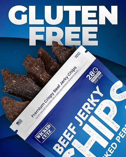 Wicked Cutz Cracked Pepper Beef Jerky Chips, 28g Protein per Bag, Crispy & Crunchy Beef Jerky Crisps, USA Made Pepper Flavored Chips, High Protein Carnivore Snacks (4 Bags)