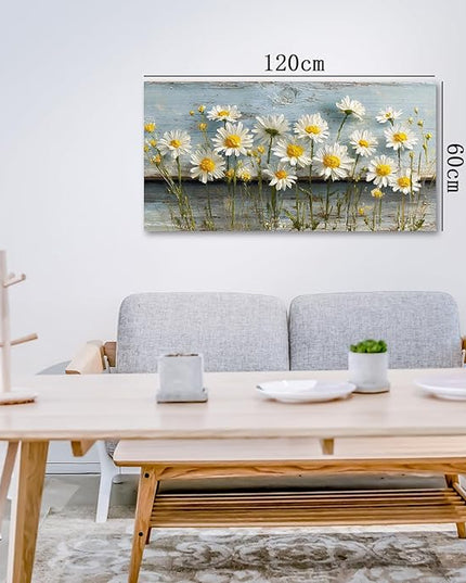 KZKU Rustic Daisy Canvas Wall Art-Large Floral Print on Weathered Blue Wood Background- Modern Farmhouse Decor for Living Room Bedroom 24X48in