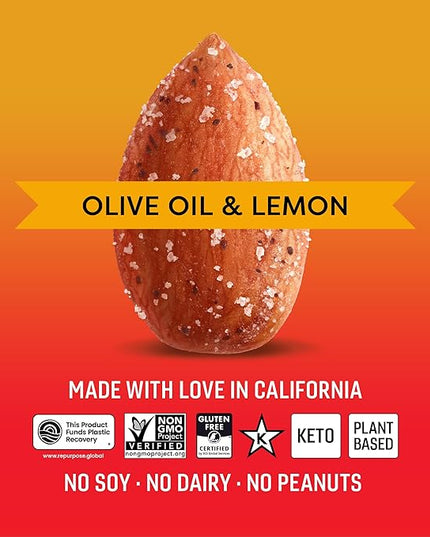 Octonuts Dry Roasted Olive Oil & Lemon Almonds – 16oz Resealable Bag - Healthy Snack for Adults and Kids - Plant Protein with Fiber, Calcium & Iron - Low Carb, Low Calorie - Non-GMO, Gluten Free Snacks