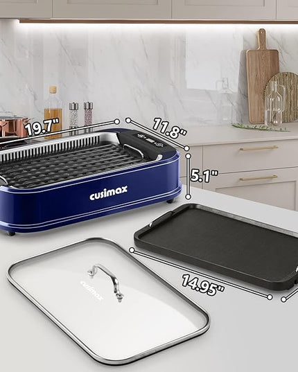 Smokeless Grill, CUSIMAX 1500W Indoor Grill, Electric Grill Griddle with LED Smart Display & Tempered Glass Lid, Portable Korean BBQ Grill, Non-stick Removable Grill & Griddle Plate