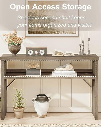 BON AUGURE Sofa Console Table, Wood Entryway Table, Grey Behind Couch Tables with Open Storage, Modern Narrow Hallway Tables (Greige Oak, 47 Inches)