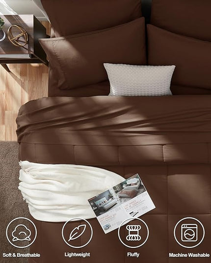 CozyLux King Size Comforter Set Brown, 7 Pieces Bed in a Bag, Brown Comforter King Size, All Season Bedding Sets with Stitch Quilted Comforter, Flat Sheet, Fitted Sheet, Pillowcases