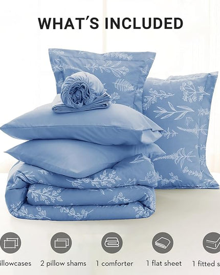 MUXHOMO Ice Blue Bed in a Bag Queen 7 Pieces, Queen Comforter Set Reversible Botanical Flowers Design, Ultra Soft & Breathable Bedding Sets with Comforter, Sheets, Pillowcases & Shams